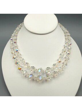 Vintage Aurora Borealis Crystal Double Strand Necklace READ